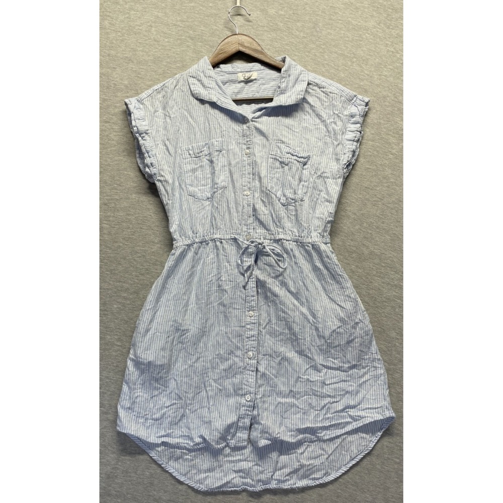 Japna Shirt Dress Womens Large Blue White Striped Drawstring Waist Button Front